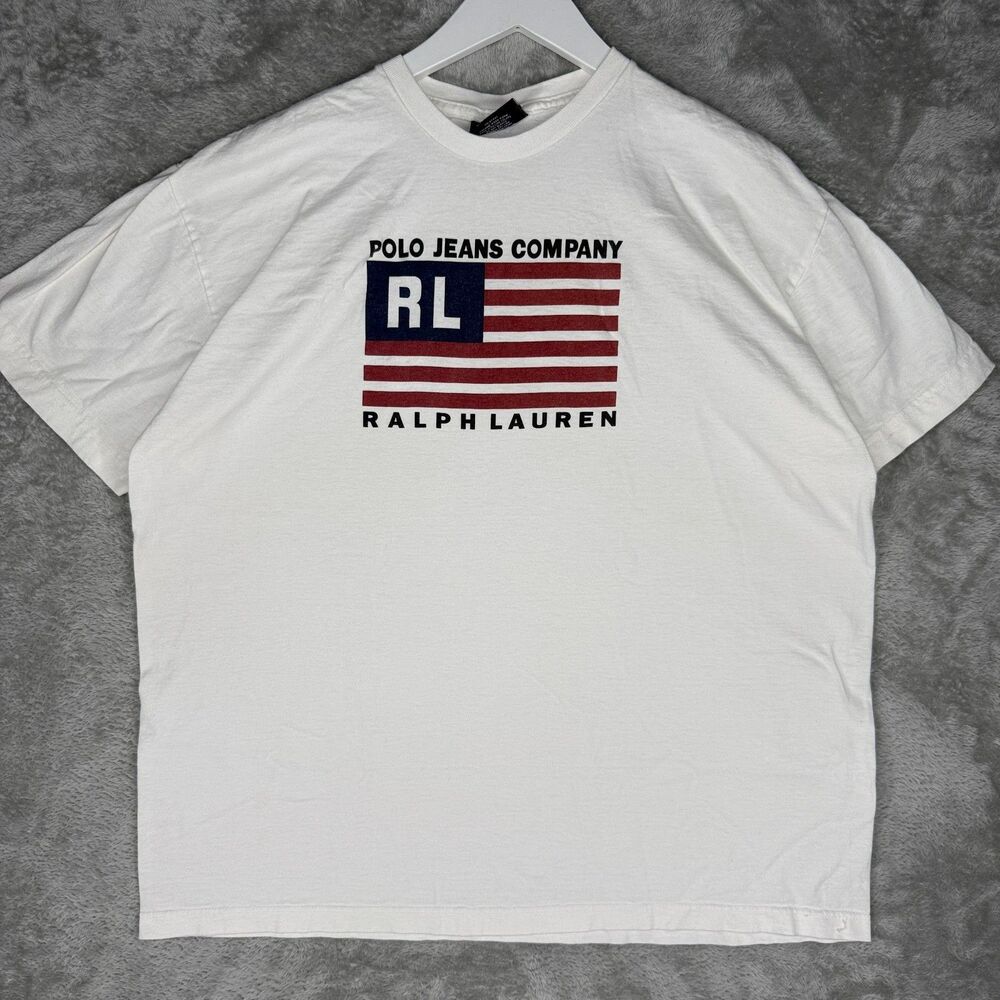 Vtg 90s Polo Jeans Co. Ralph Lauren T-Shirt Mens XL One Size Flag Logo Spell Out